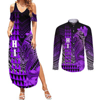 Personalized Hawaii Couples Matching Summer Maxi Dress and Long Sleeve Button Shirts Hammerhead Shark Kakau Polynesian Tribal Purple LT05 Purple - Polynesian Pride