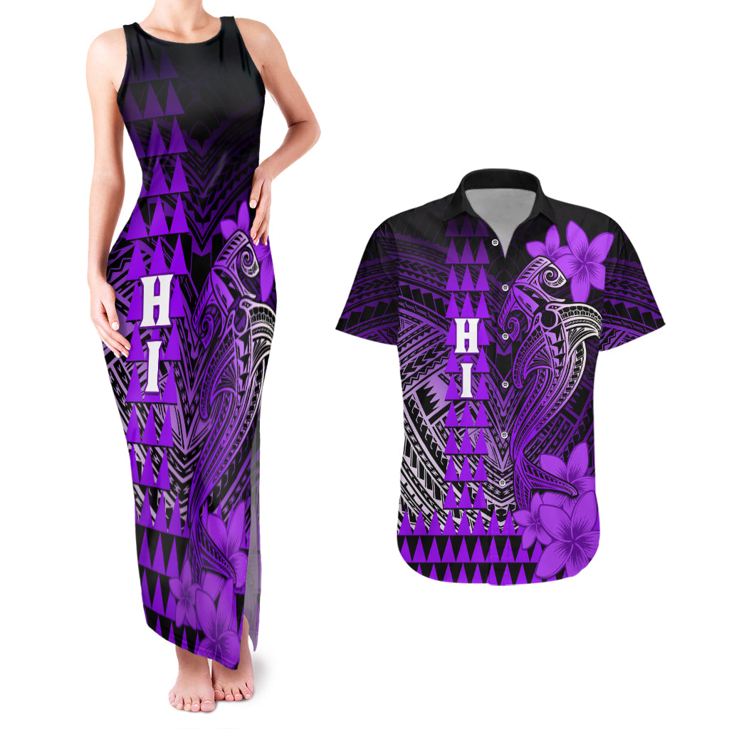 Personalized Hawaii Couples Matching Tank Maxi Dress and Hawaiian Shirt Hammerhead Shark Kakau Polynesian Tribal Purple LT05 Purple - Polynesian Pride