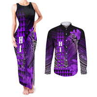 Personalized Hawaii Couples Matching Tank Maxi Dress and Long Sleeve Button Shirts Hammerhead Shark Kakau Polynesian Tribal Purple LT05 Purple - Polynesian Pride