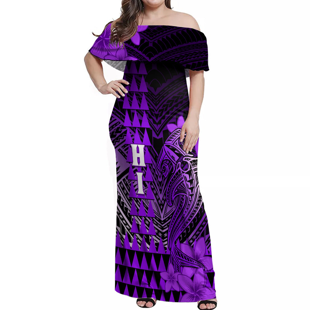 Personalized Hawaii Off Shoulder Maxi Dress Hammerhead Shark Kakau Polynesian Tribal Purple LT05 Women Purple - Polynesian Pride
