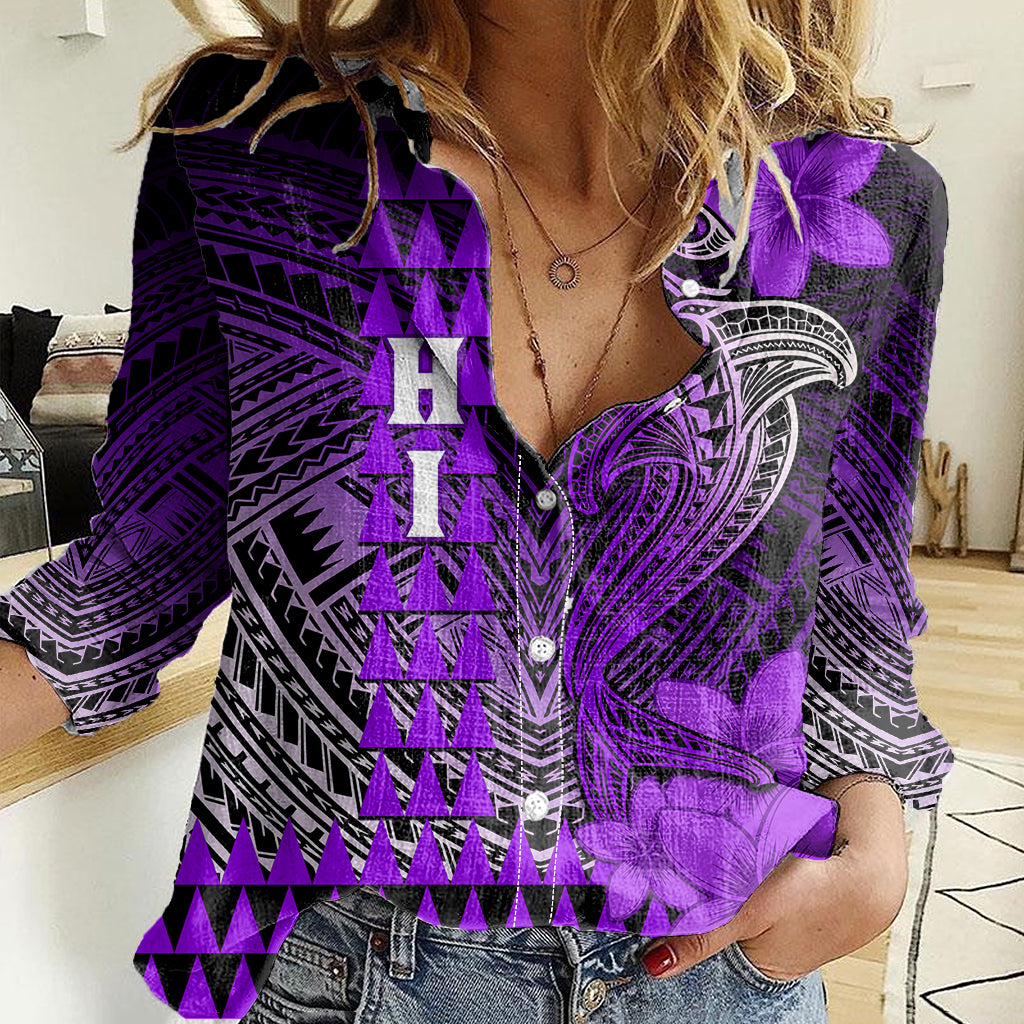 Personalized Hawaii Women Casual Shirt Hammerhead Shark Kakau Polynesian Tribal Purple LT05 Female Purple - Polynesian Pride