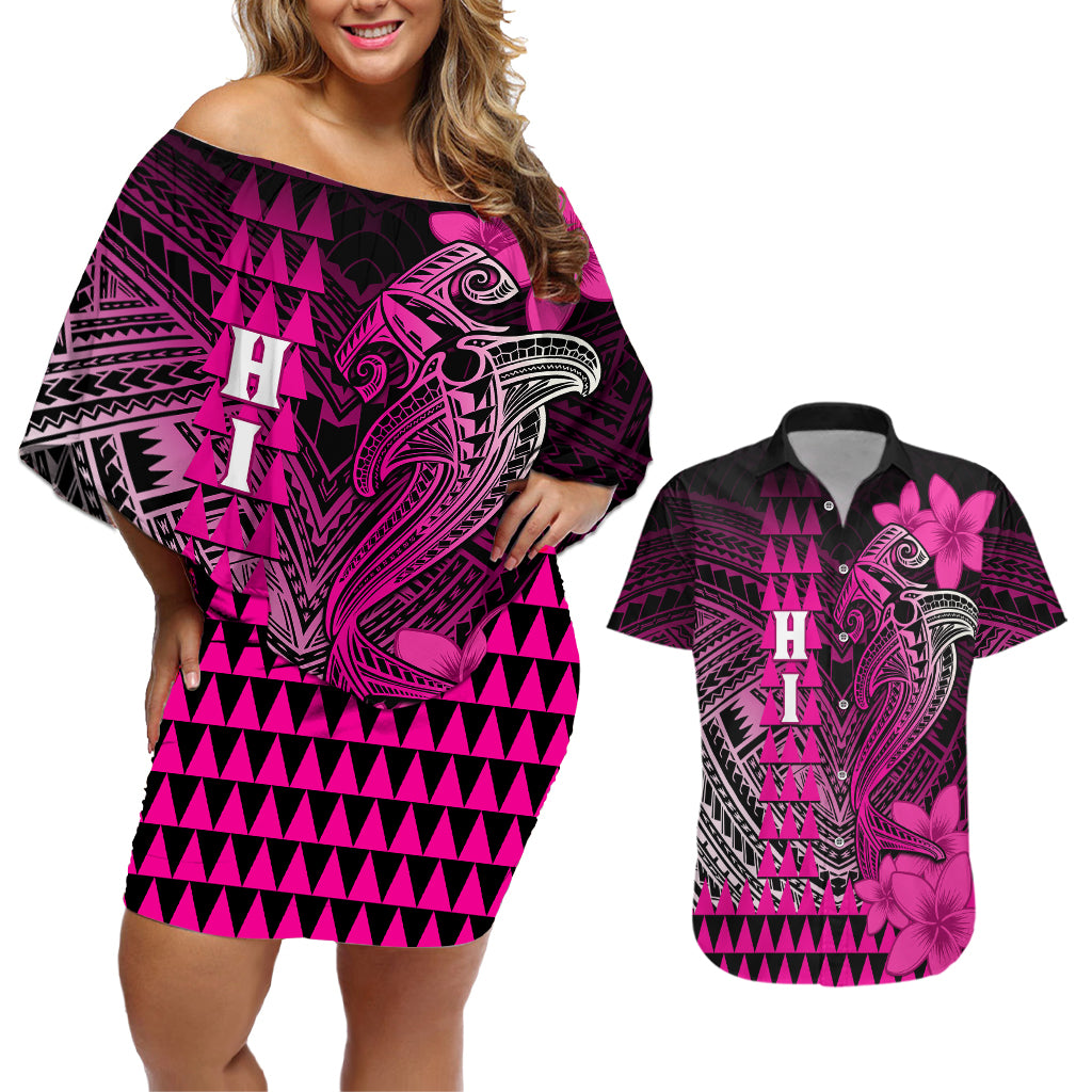Personalized Hawaii Couples Matching Off Shoulder Short Dress and Hawaiian Shirt Hammerhead Shark Kakau Polynesian Tribal Pink LT05 Pink - Polynesian Pride