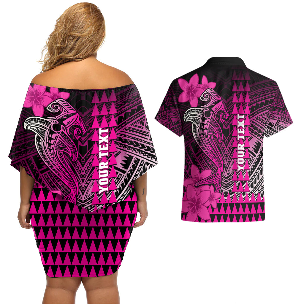 Personalized Hawaii Couples Matching Off Shoulder Short Dress and Hawaiian Shirt Hammerhead Shark Kakau Polynesian Tribal Pink LT05 - Polynesian Pride