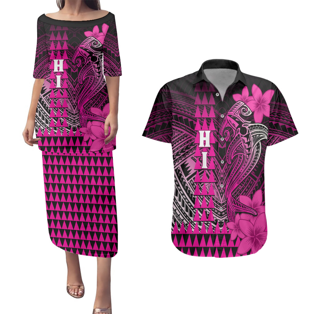 Personalized Hawaii Couples Matching Puletasi Dress and Hawaiian Shirt Hammerhead Shark Kakau Polynesian Tribal Pink LT05 Pink - Polynesian Pride