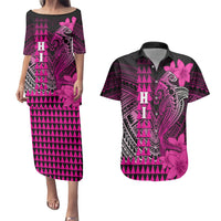 Personalized Hawaii Couples Matching Puletasi Dress and Hawaiian Shirt Hammerhead Shark Kakau Polynesian Tribal Pink LT05 Pink - Polynesian Pride