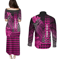 Personalized Hawaii Couples Matching Puletasi Dress and Long Sleeve Button Shirts Hammerhead Shark Kakau Polynesian Tribal Pink LT05 - Polynesian Pride