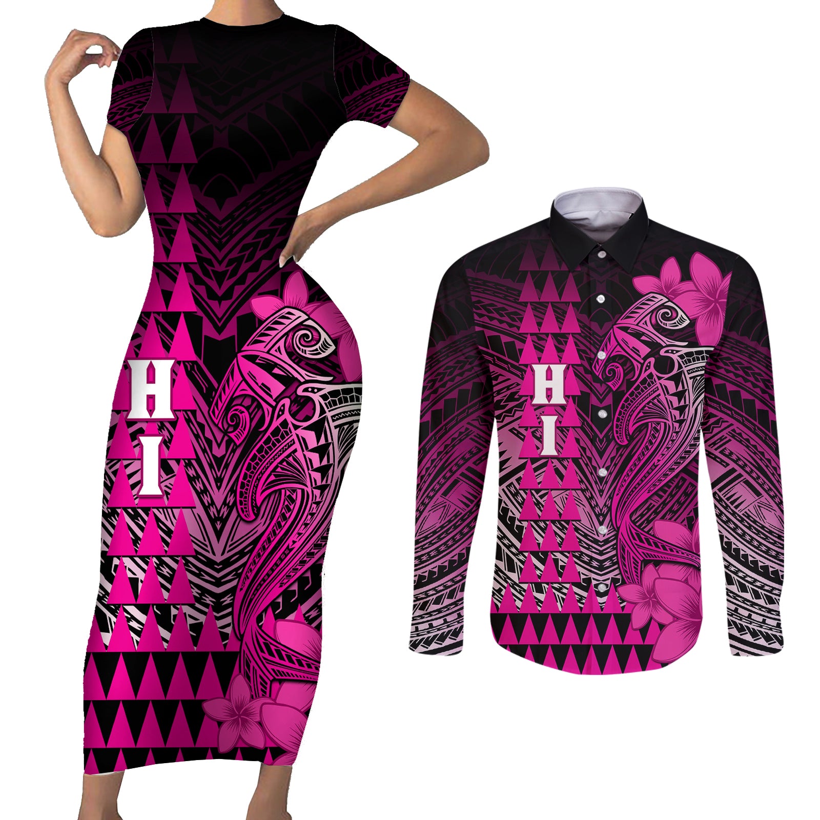 Personalized Hawaii Couples Matching Short Sleeve Bodycon Dress and Long Sleeve Button Shirts Hammerhead Shark Kakau Polynesian Tribal Pink LT05 Pink - Polynesian Pride