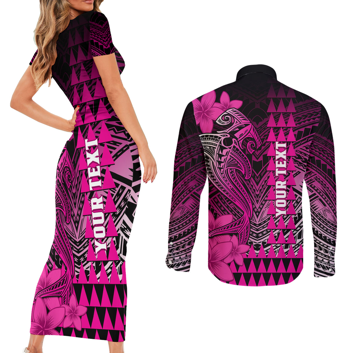 Personalized Hawaii Couples Matching Short Sleeve Bodycon Dress and Long Sleeve Button Shirts Hammerhead Shark Kakau Polynesian Tribal Pink LT05 - Polynesian Pride