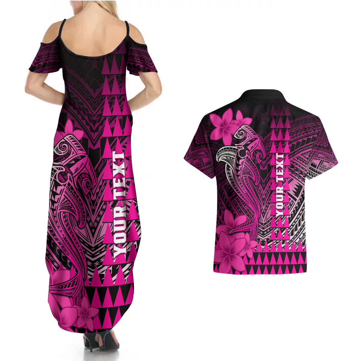 Personalized Hawaii Couples Matching Summer Maxi Dress and Hawaiian Shirt Hammerhead Shark Kakau Polynesian Tribal Pink LT05 - Polynesian Pride