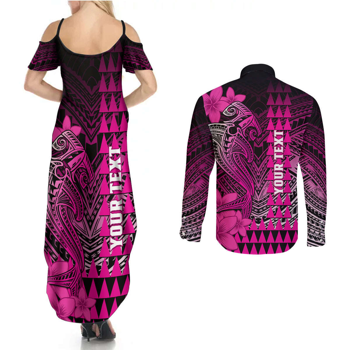 Personalized Hawaii Couples Matching Summer Maxi Dress and Long Sleeve Button Shirts Hammerhead Shark Kakau Polynesian Tribal Pink LT05 - Polynesian Pride