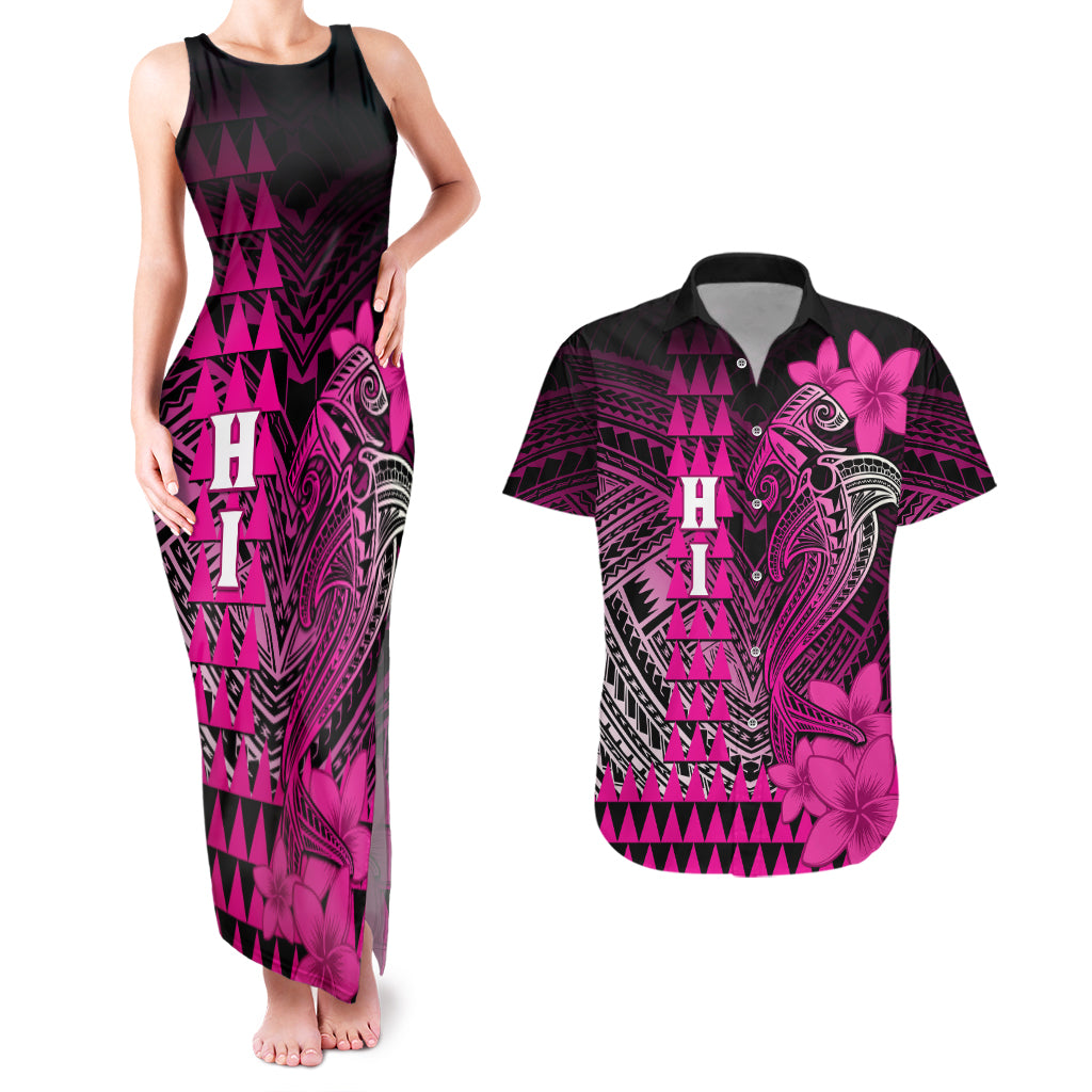 Personalized Hawaii Couples Matching Tank Maxi Dress and Hawaiian Shirt Hammerhead Shark Kakau Polynesian Tribal Pink LT05 Pink - Polynesian Pride