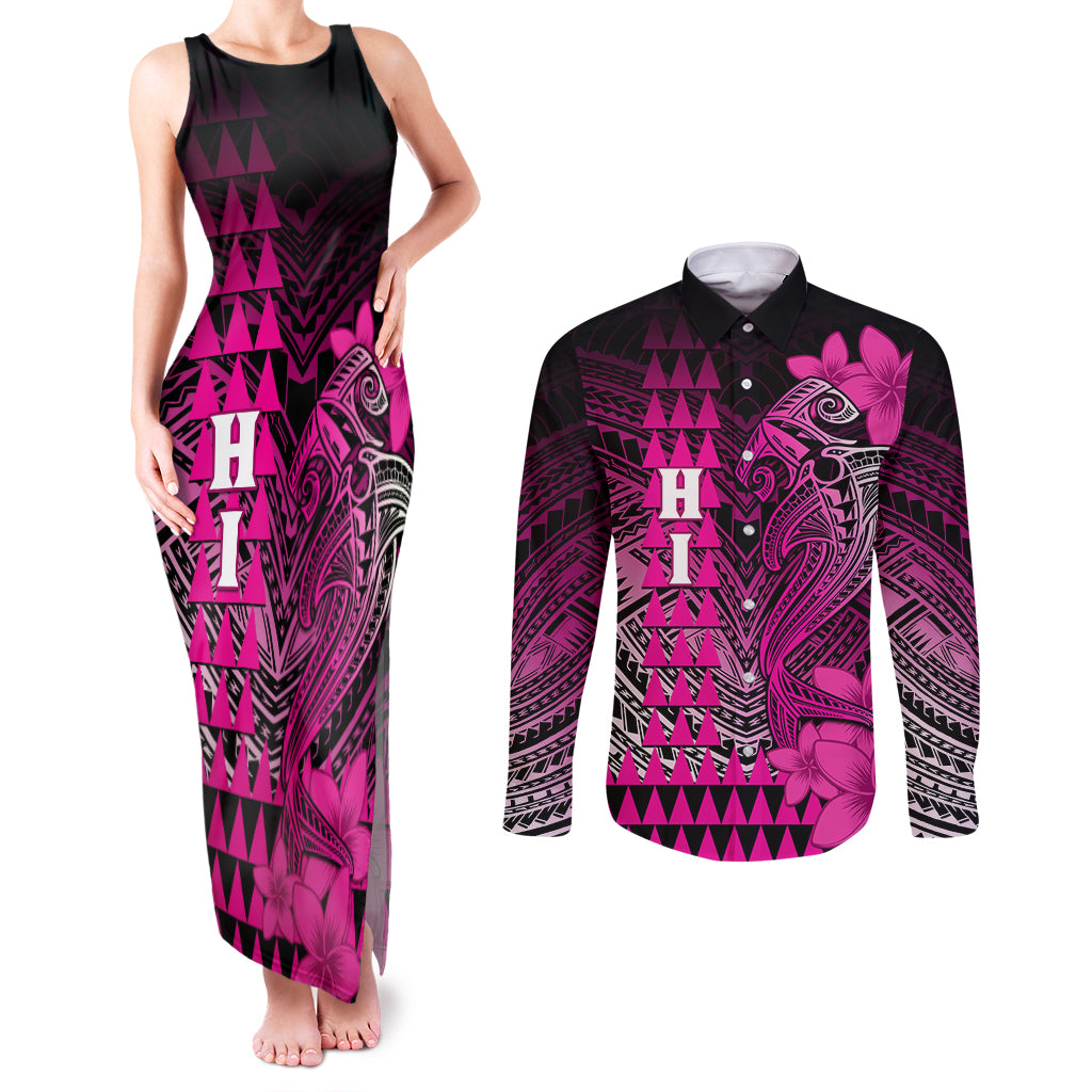 Personalized Hawaii Couples Matching Tank Maxi Dress and Long Sleeve Button Shirts Hammerhead Shark Kakau Polynesian Tribal Pink LT05 Pink - Polynesian Pride