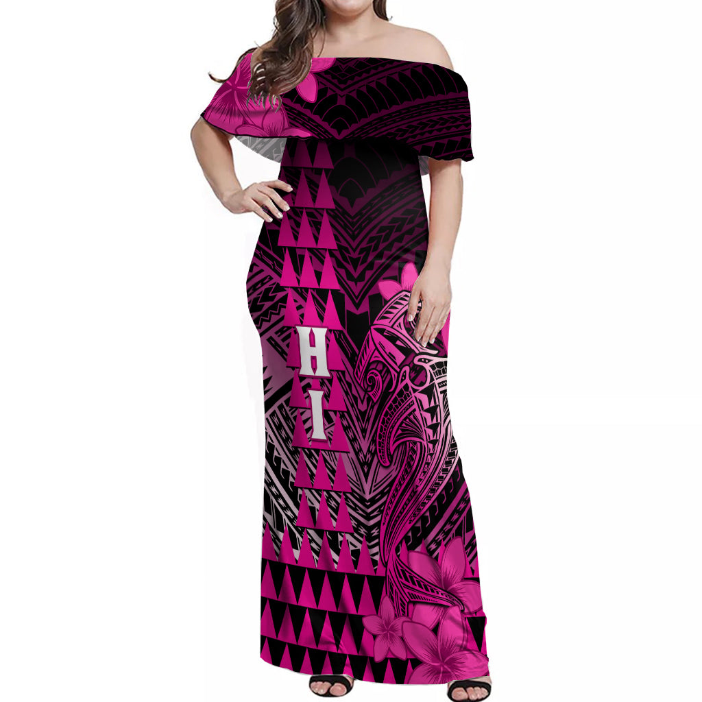 Personalized Hawaii Off Shoulder Maxi Dress Hammerhead Shark Kakau Polynesian Tribal Pink LT05 Women Pink - Polynesian Pride