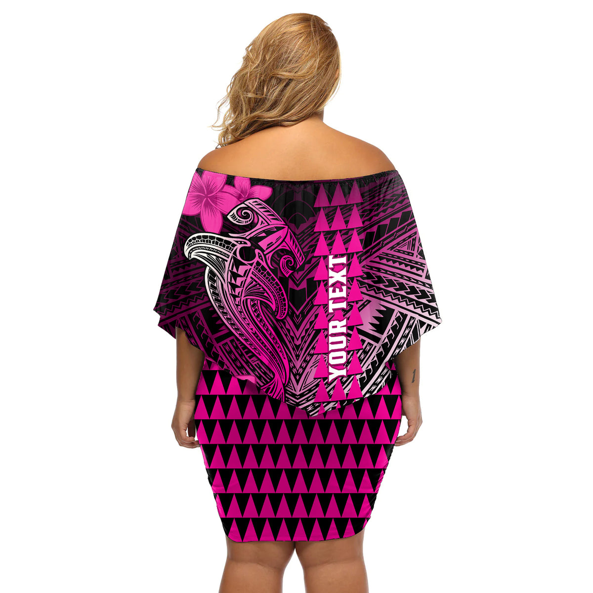 Personalized Hawaii Off Shoulder Short Dress Hammerhead Shark Kakau Polynesian Tribal Pink LT05 - Polynesian Pride