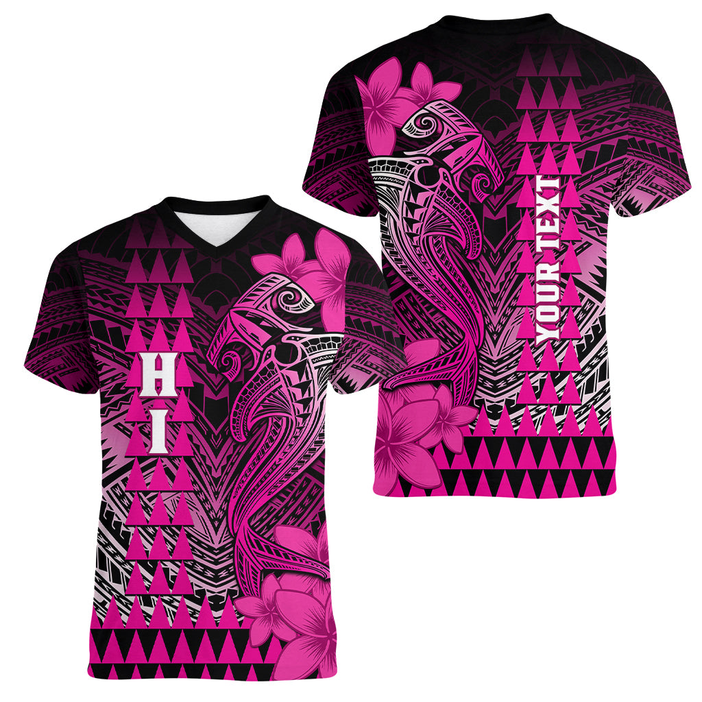 Personalized Hawaii Women V Neck T Shirt Hammerhead Shark Kakau Polynesian Tribal Pink LT05 - Polynesian Pride