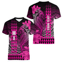 Personalized Hawaii Women V Neck T Shirt Hammerhead Shark Kakau Polynesian Tribal Pink LT05 - Polynesian Pride