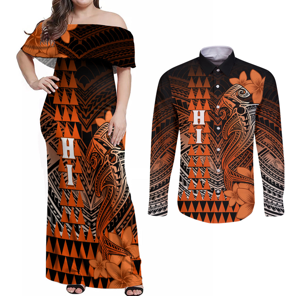 Personalized Hawaii Couples Matching Off Shoulder Maxi Dress and Long Sleeve Button Shirts Hammerhead Shark Kakau Polynesian Tribal Orange LT05 Orange - Polynesian Pride