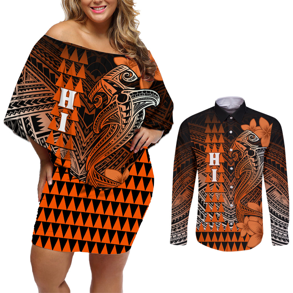 Personalized Hawaii Couples Matching Off Shoulder Short Dress and Long Sleeve Button Shirts Hammerhead Shark Kakau Polynesian Tribal Orange LT05 Orange - Polynesian Pride