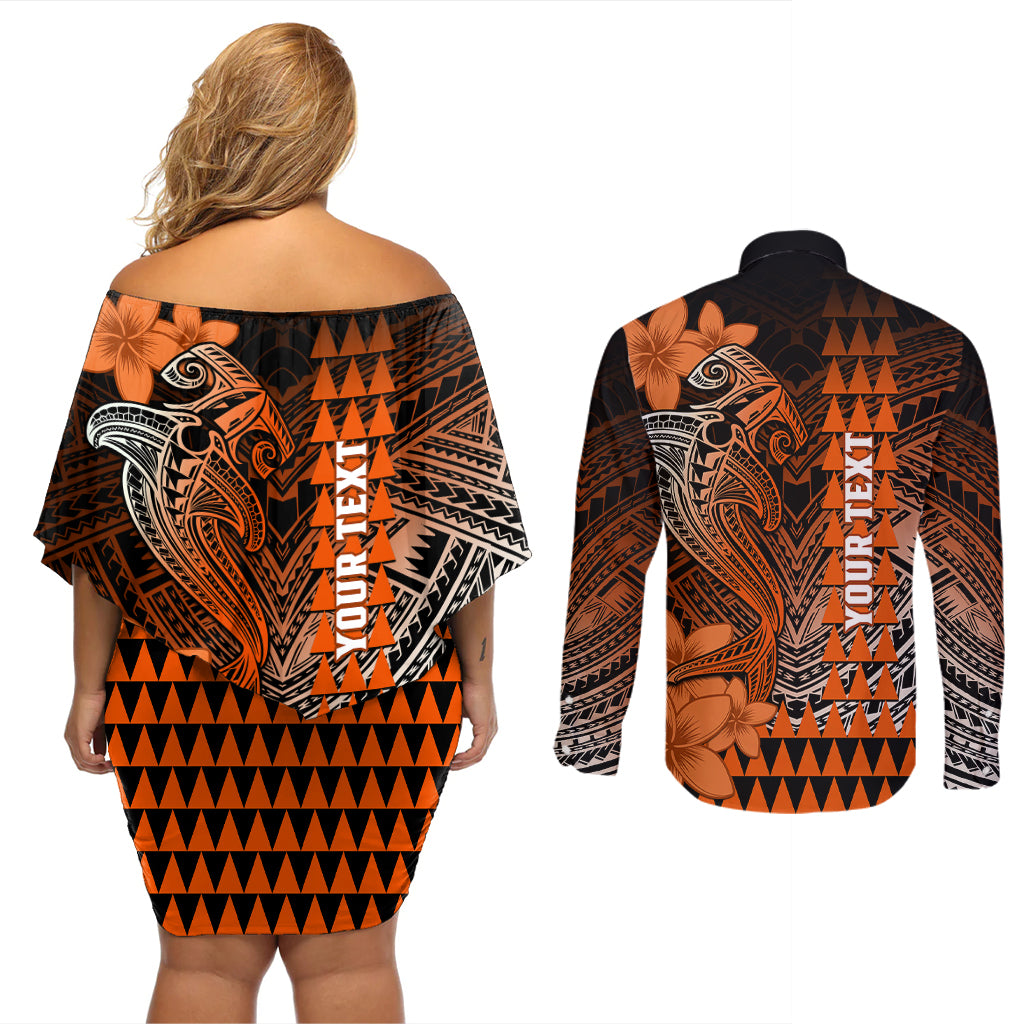 Personalized Hawaii Couples Matching Off Shoulder Short Dress and Long Sleeve Button Shirts Hammerhead Shark Kakau Polynesian Tribal Orange LT05 - Polynesian Pride