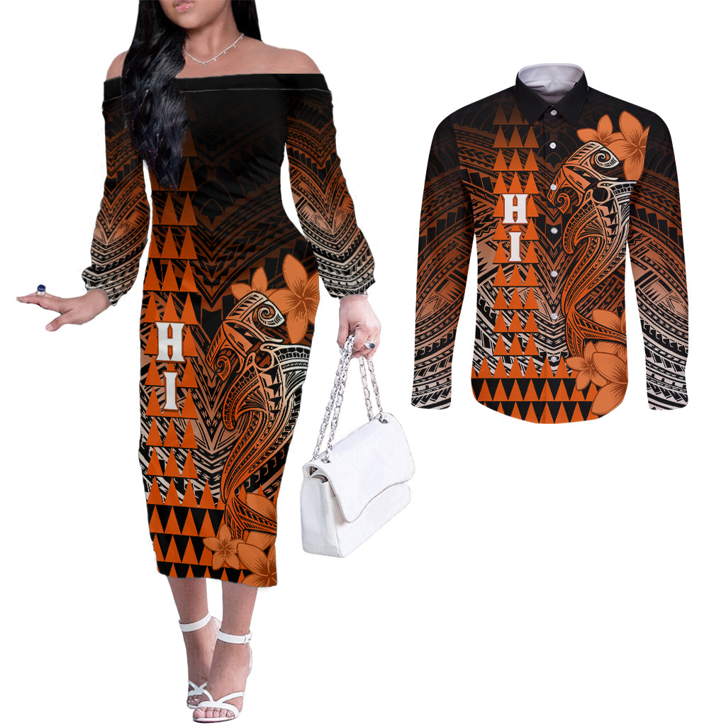 Personalized Hawaii Couples Matching Off The Shoulder Long Sleeve Dress and Long Sleeve Button Shirts Hammerhead Shark Kakau Polynesian Tribal Orange LT05 Orange - Polynesian Pride