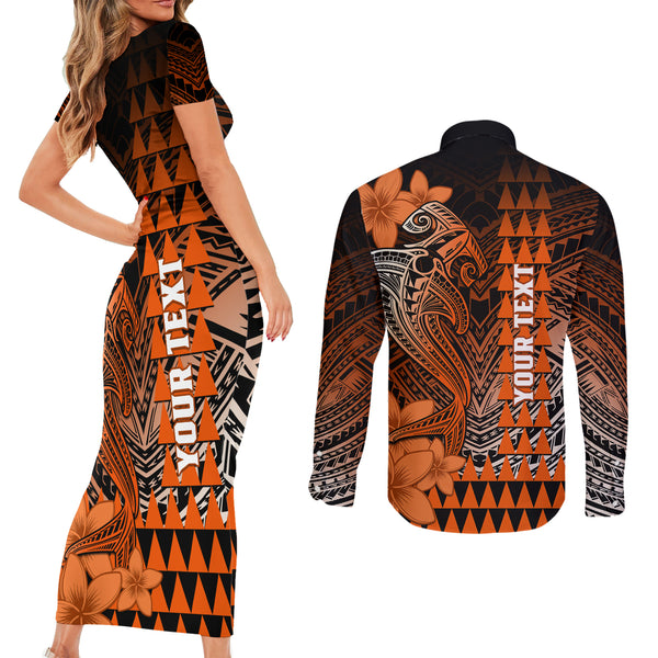 Personalized Hawaii Couples Matching Puletasi Dress and Long Sleeve Button Shirts Hammerhead Shark Kakau Polynesian Tribal Red LT05 main image 1