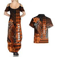 Personalized Hawaii Couples Matching Summer Maxi Dress and Hawaiian Shirt Hammerhead Shark Kakau Polynesian Tribal Orange LT05 - Polynesian Pride