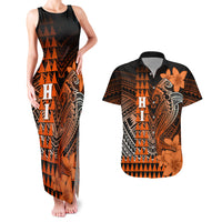 Personalized Hawaii Couples Matching Tank Maxi Dress and Hawaiian Shirt Hammerhead Shark Kakau Polynesian Tribal Orange LT05 Orange - Polynesian Pride