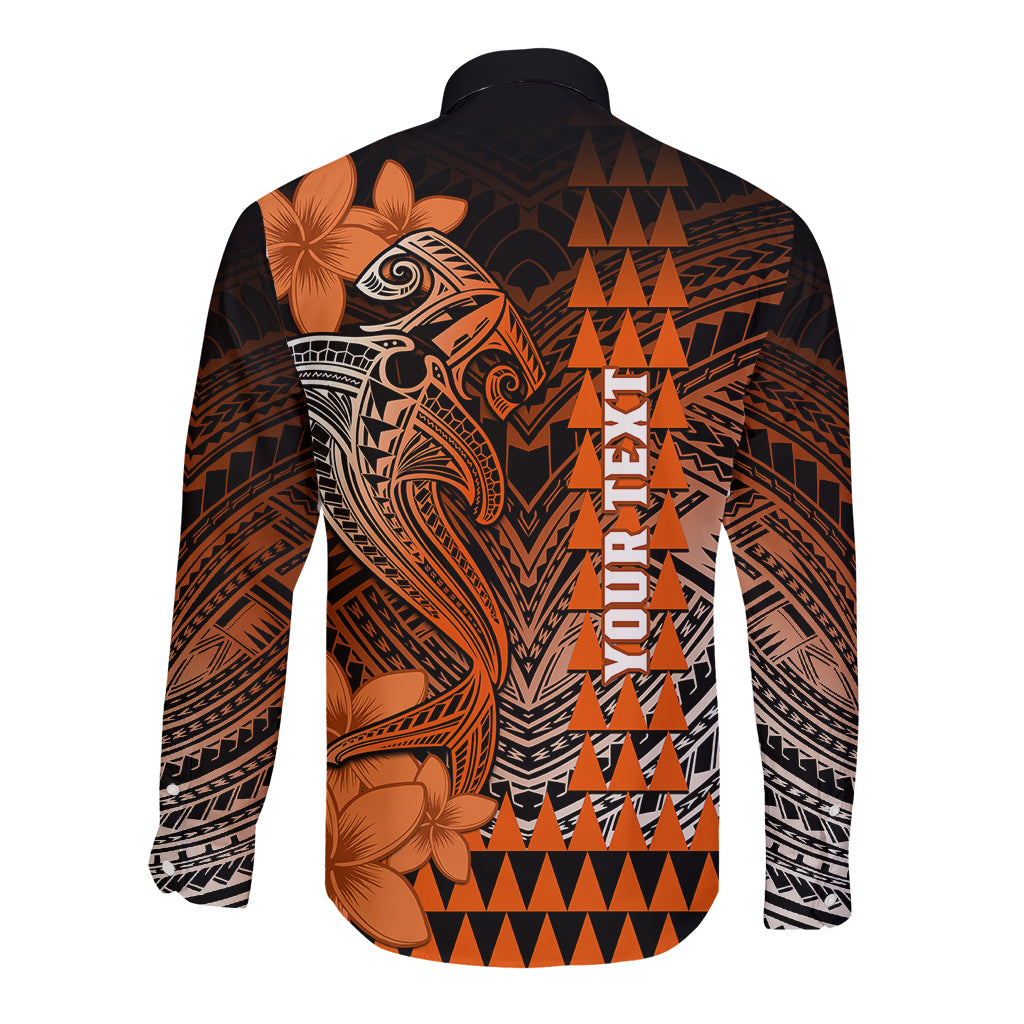 Personalized Hawaii Long Sleeve Button Shirt Hammerhead Shark Kakau Polynesian Tribal Orange LT05 - Polynesian Pride