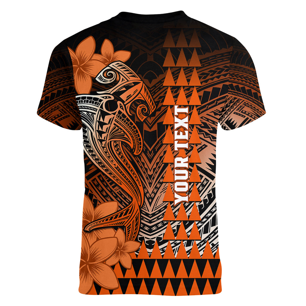 Personalized Hawaii Women V Neck T Shirt Hammerhead Shark Kakau Polynesian Tribal Orange LT05 - Polynesian Pride