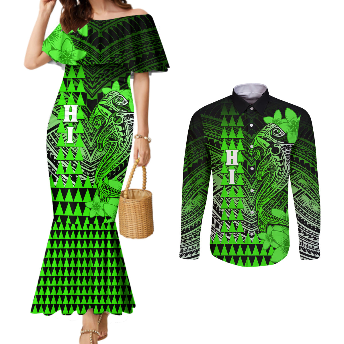 Personalized Hawaii Couples Matching Mermaid Dress and Long Sleeve Button Shirts Hammerhead Shark Kakau Polynesian Tribal Green LT05 Green - Polynesian Pride