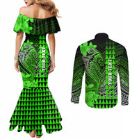 Personalized Hawaii Couples Matching Mermaid Dress and Long Sleeve Button Shirts Hammerhead Shark Kakau Polynesian Tribal Green LT05 - Polynesian Pride
