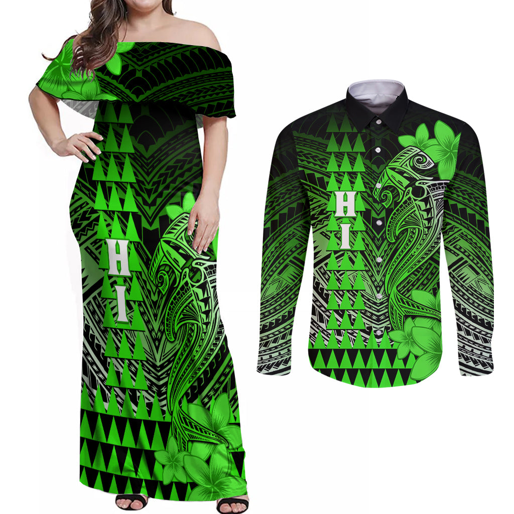 Personalized Hawaii Couples Matching Off Shoulder Maxi Dress and Long Sleeve Button Shirts Hammerhead Shark Kakau Polynesian Tribal Green LT05 Green - Polynesian Pride