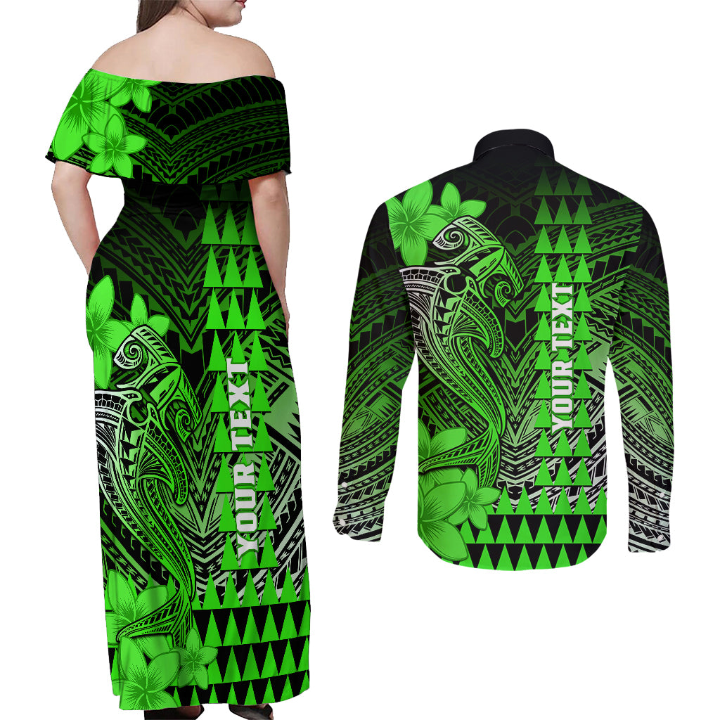 Personalized Hawaii Couples Matching Off Shoulder Maxi Dress and Long Sleeve Button Shirts Hammerhead Shark Kakau Polynesian Tribal Green LT05 - Polynesian Pride