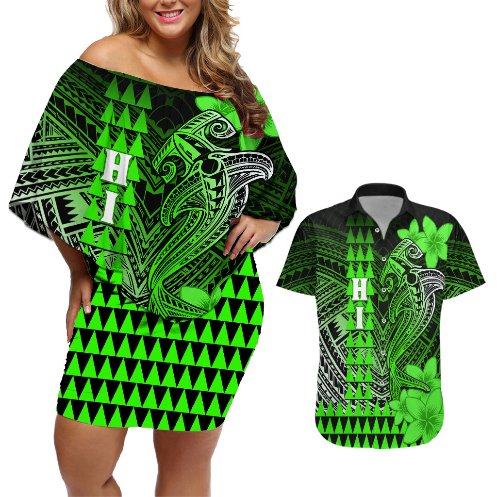 Personalized Hawaii Couples Matching Off Shoulder Short Dress and Hawaiian Shirt Hammerhead Shark Kakau Polynesian Tribal Green LT05 Green - Polynesian Pride