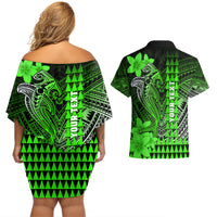 Personalized Hawaii Couples Matching Off Shoulder Short Dress and Hawaiian Shirt Hammerhead Shark Kakau Polynesian Tribal Green LT05 - Polynesian Pride