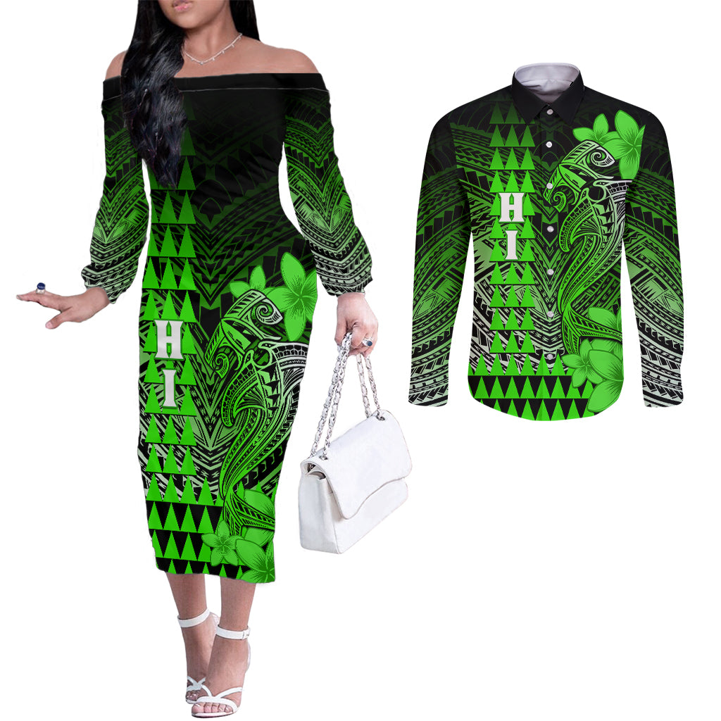 Personalized Hawaii Couples Matching Off The Shoulder Long Sleeve Dress and Long Sleeve Button Shirts Hammerhead Shark Kakau Polynesian Tribal Green LT05 Green - Polynesian Pride