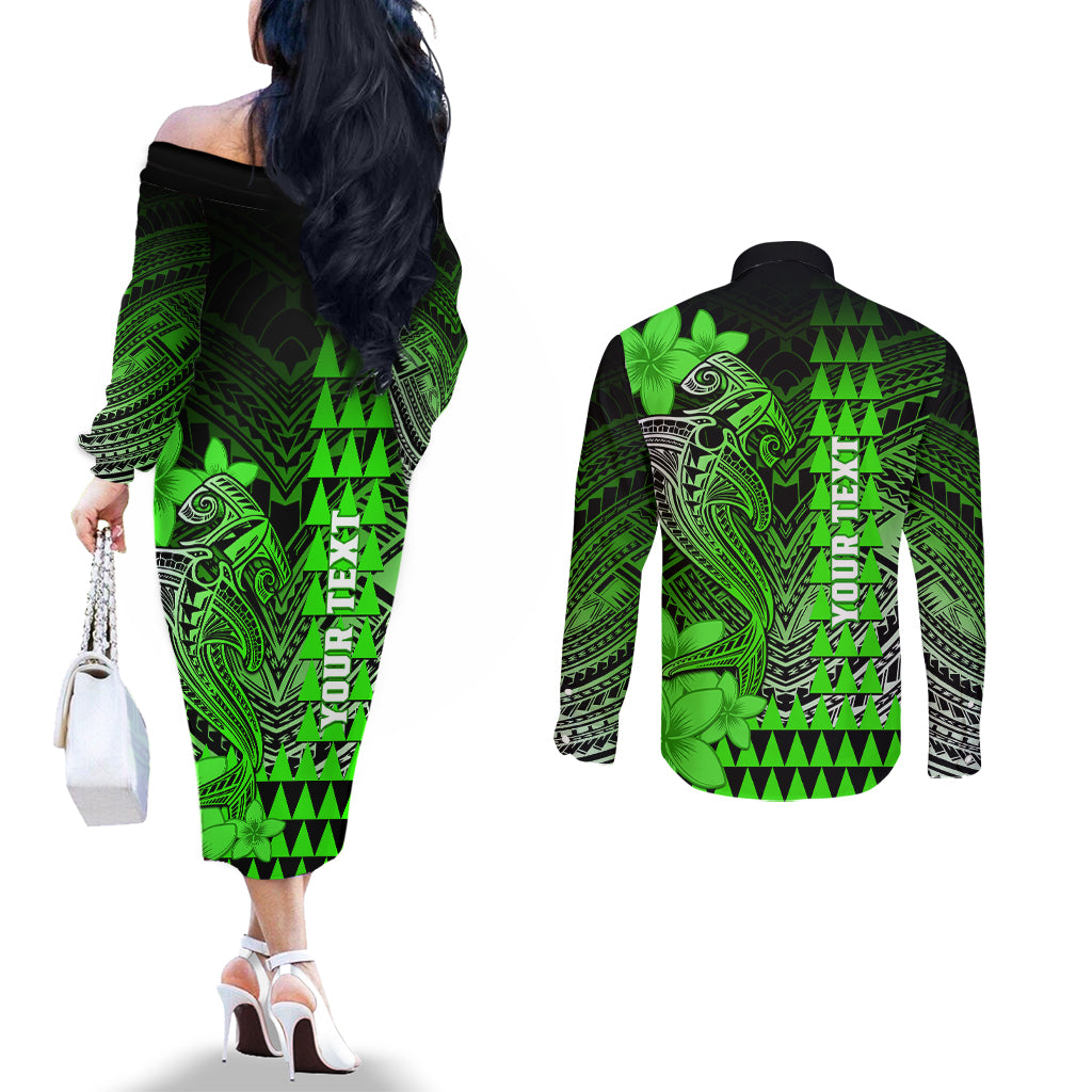 Personalized Hawaii Couples Matching Off The Shoulder Long Sleeve Dress and Long Sleeve Button Shirts Hammerhead Shark Kakau Polynesian Tribal Green LT05 - Polynesian Pride