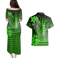 Personalized Hawaii Couples Matching Puletasi Dress and Hawaiian Shirt Hammerhead Shark Kakau Polynesian Tribal Green LT05 - Polynesian Pride