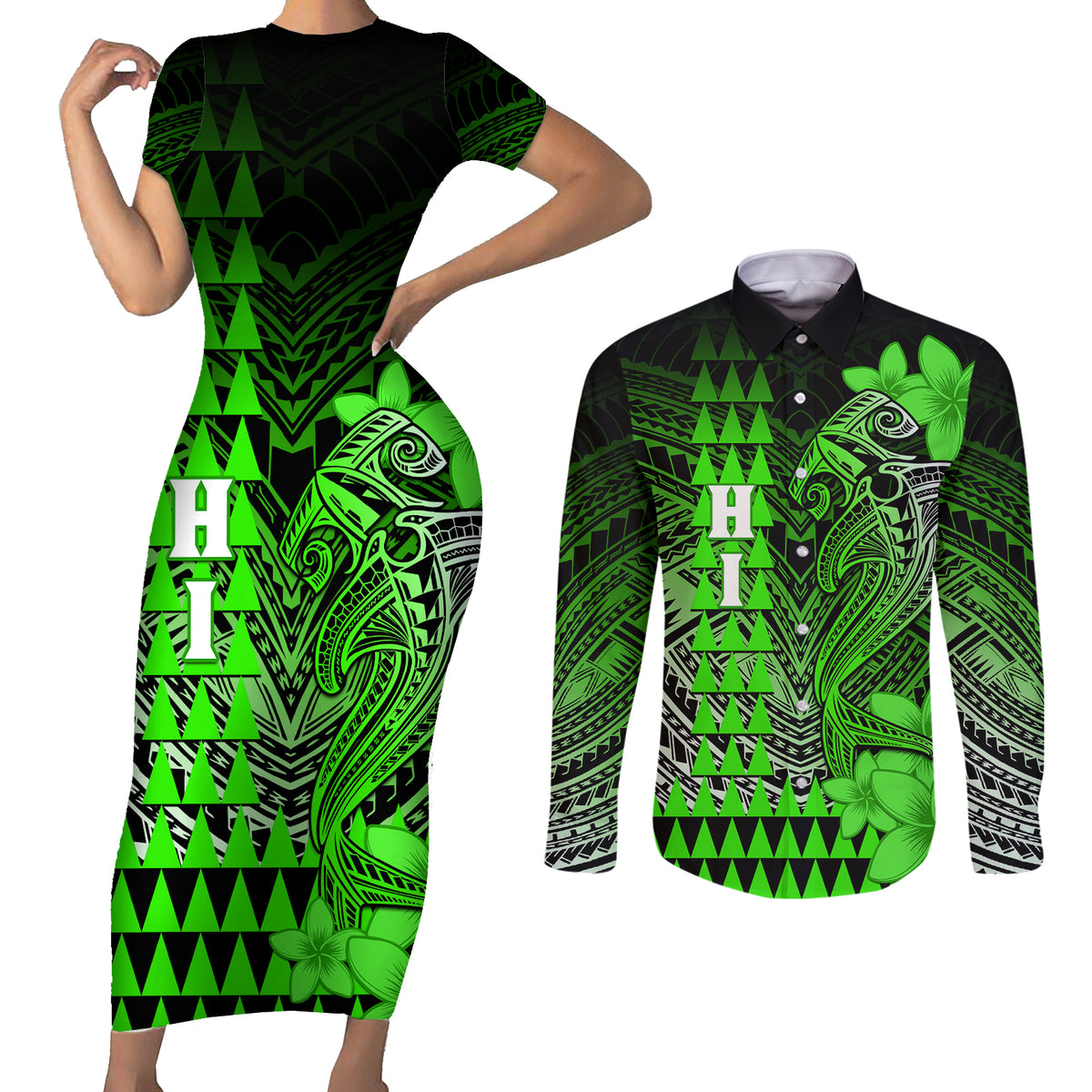 Personalized Hawaii Couples Matching Short Sleeve Bodycon Dress and Long Sleeve Button Shirts Hammerhead Shark Kakau Polynesian Tribal Green LT05 Green - Polynesian Pride