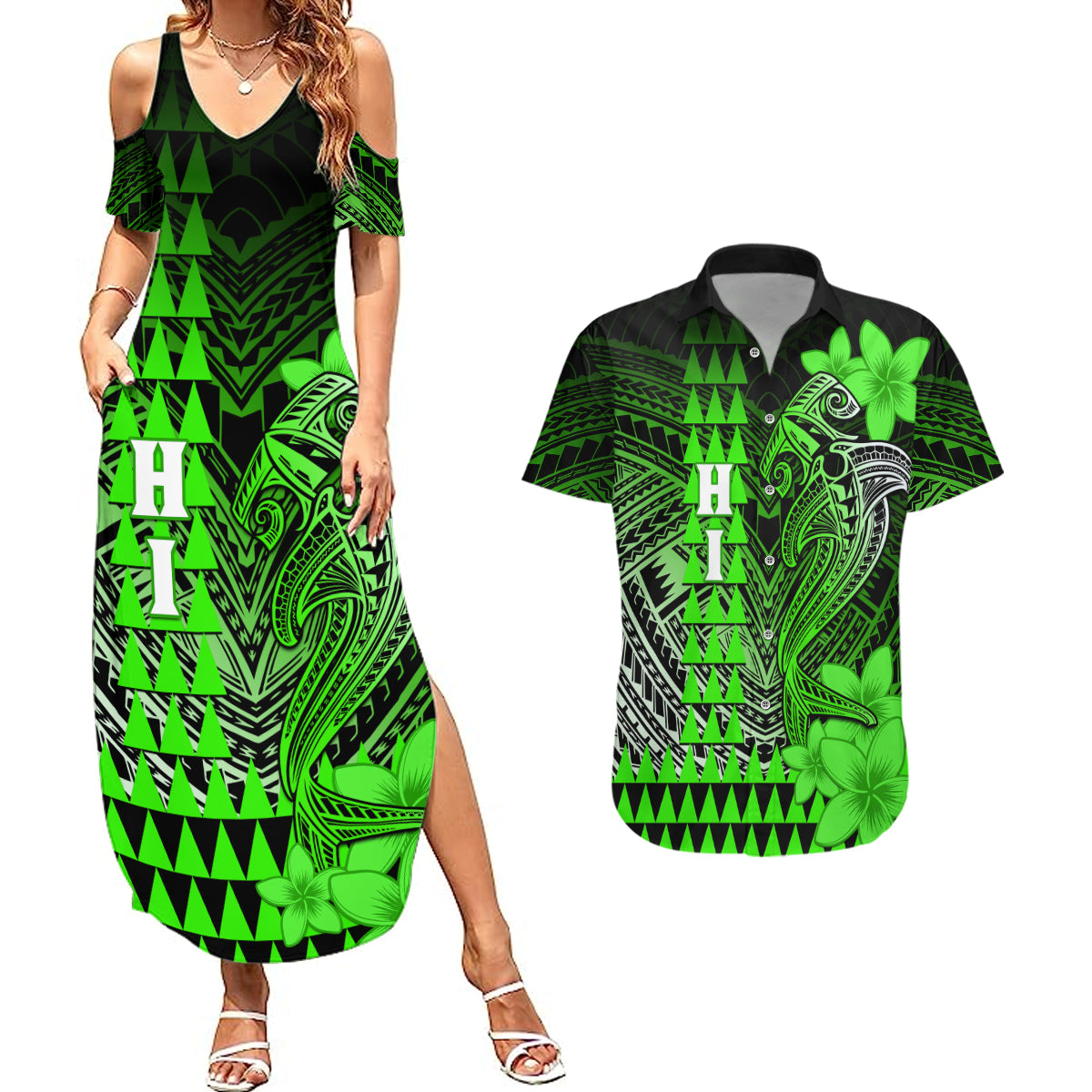 Personalized Hawaii Couples Matching Summer Maxi Dress and Hawaiian Shirt Hammerhead Shark Kakau Polynesian Tribal Green LT05 Green - Polynesian Pride
