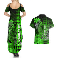 Personalized Hawaii Couples Matching Summer Maxi Dress and Hawaiian Shirt Hammerhead Shark Kakau Polynesian Tribal Green LT05 - Polynesian Pride