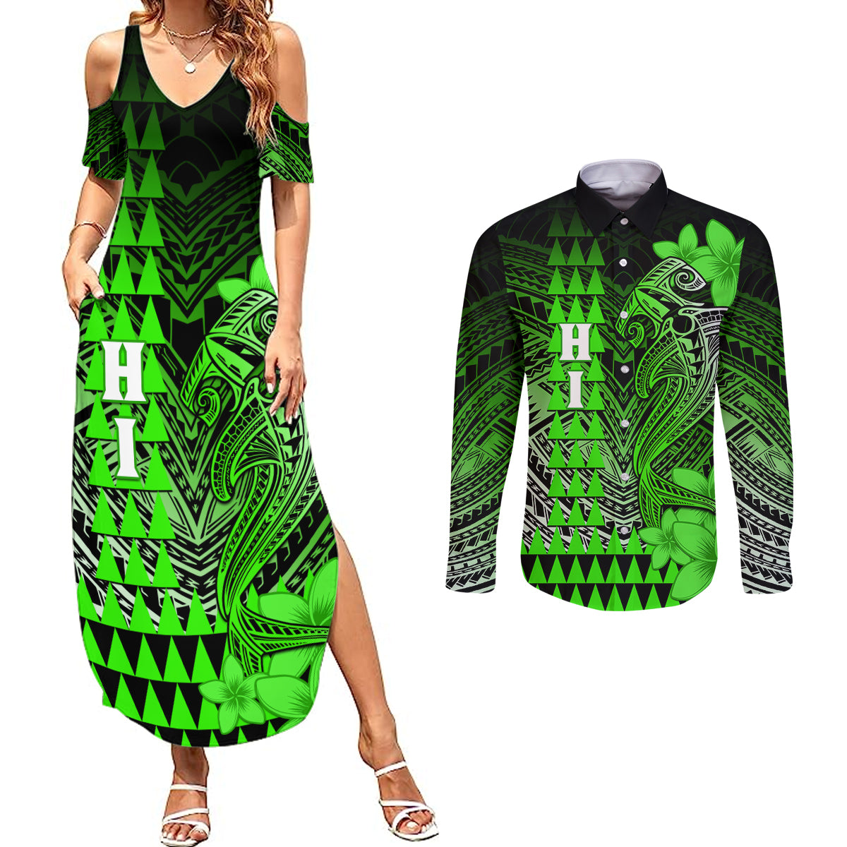 Personalized Hawaii Couples Matching Summer Maxi Dress and Long Sleeve Button Shirts Hammerhead Shark Kakau Polynesian Tribal Green LT05 Green - Polynesian Pride