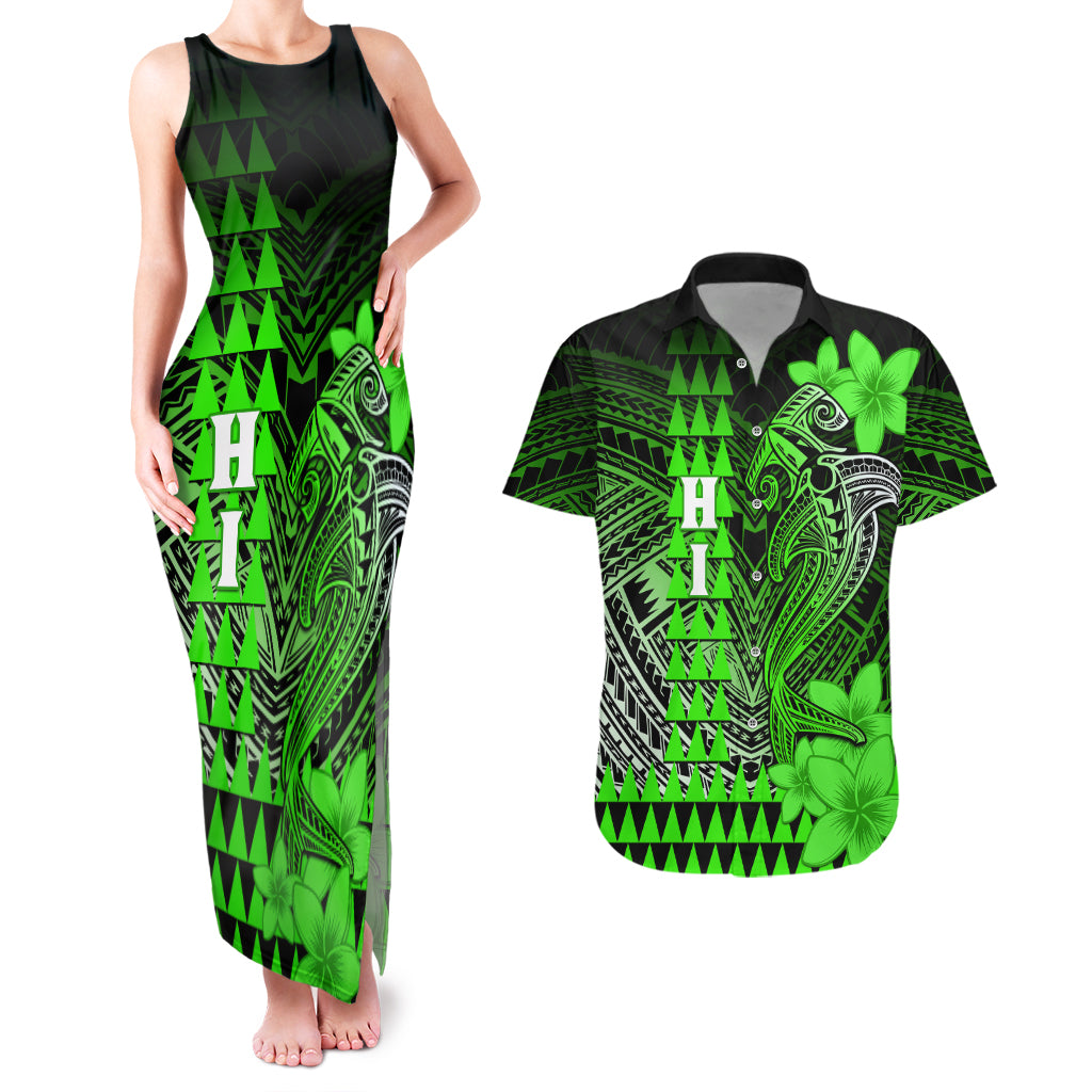 Personalized Hawaii Couples Matching Tank Maxi Dress and Hawaiian Shirt Hammerhead Shark Kakau Polynesian Tribal Green LT05 Green - Polynesian Pride