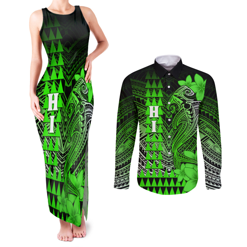 Personalized Hawaii Couples Matching Tank Maxi Dress and Long Sleeve Button Shirts Hammerhead Shark Kakau Polynesian Tribal Green LT05 Green - Polynesian Pride