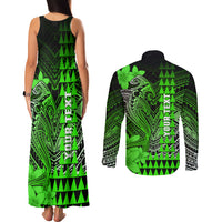 Personalized Hawaii Couples Matching Tank Maxi Dress and Long Sleeve Button Shirts Hammerhead Shark Kakau Polynesian Tribal Green LT05 - Polynesian Pride