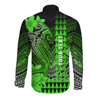 Personalized Hawaii Long Sleeve Button Shirt Hammerhead Shark Kakau Polynesian Tribal Green LT05 - Polynesian Pride