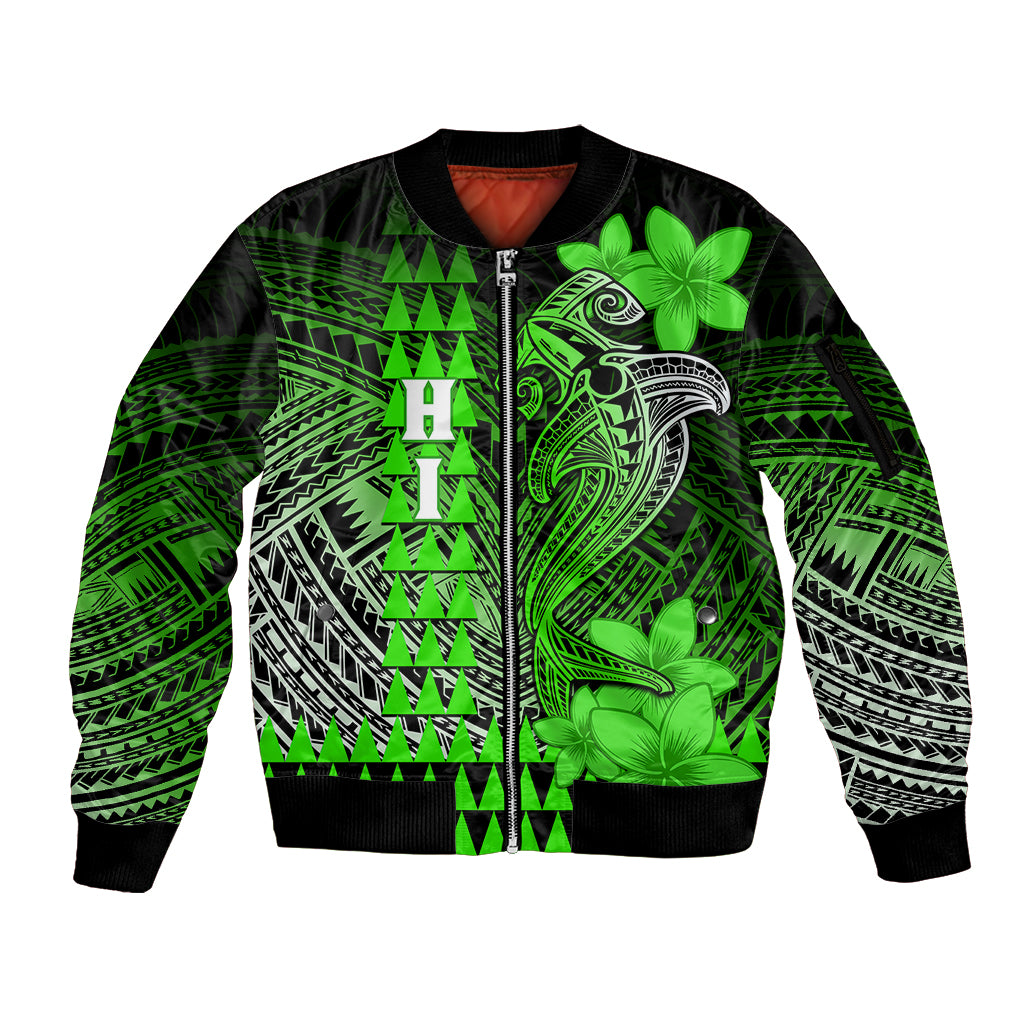 Personalized Hawaii Sleeve Zip Bomber Jacket Hammerhead Shark Kakau Polynesian Tribal Green LT05 Unisex Green - Polynesian Pride