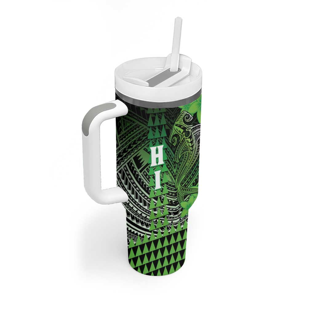 Personalized Hawaii Tumbler With Handle Hammerhead Shark Kakau Polynesian Tribal Green