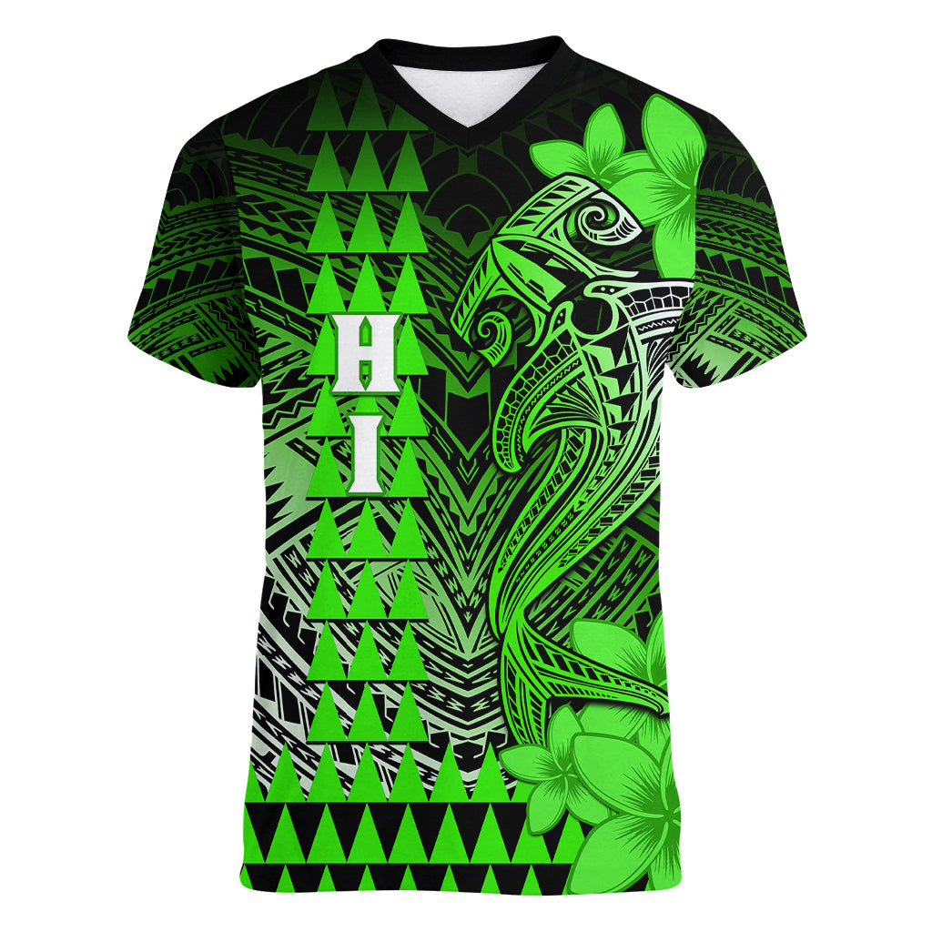Personalized Hawaii Women V Neck T Shirt Hammerhead Shark Kakau Polynesian Tribal Green LT05 Female Green - Polynesian Pride