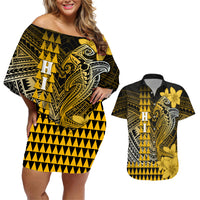 Personalized Hawaii Couples Matching Off Shoulder Short Dress and Hawaiian Shirt Hammerhead Shark Kakau Polynesian Tribal Gold LT05 Gold - Polynesian Pride